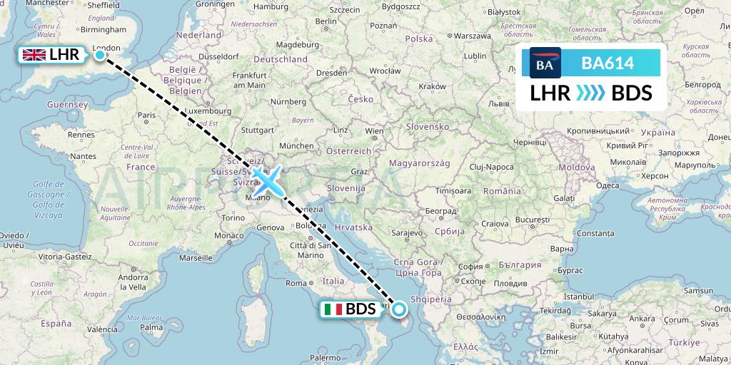 BA614 British Airways Flight Map: London to Brindisi