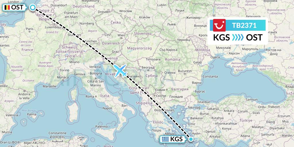 TB2371 TUI fly Belgium Flight Map: Kos to Ostend