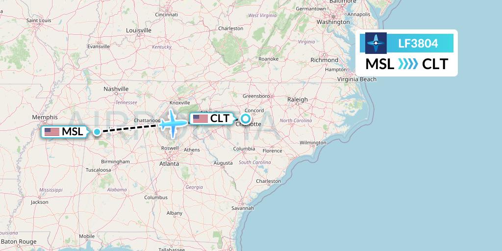 LF3804 Corporate Flight Management Flight Map: Muscle Shoals to Charlotte