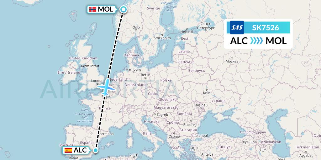 SK7526 SAS Flight Map: Alicante to Molde