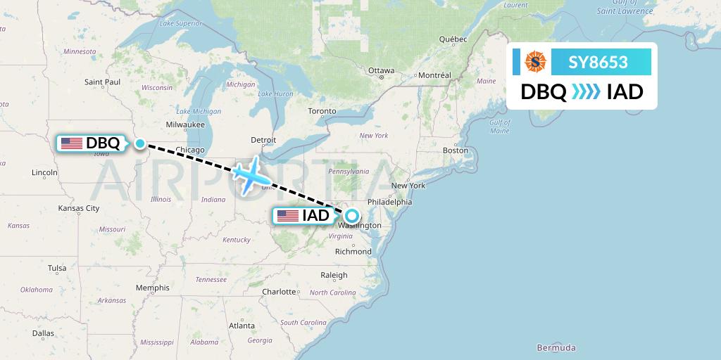 SY8653 Sun Country Airlines Flight Map: Dubuque to Washington
