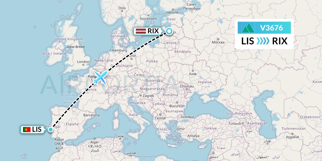 V3676 Carpatair Flight Map: Lisbon to Riga