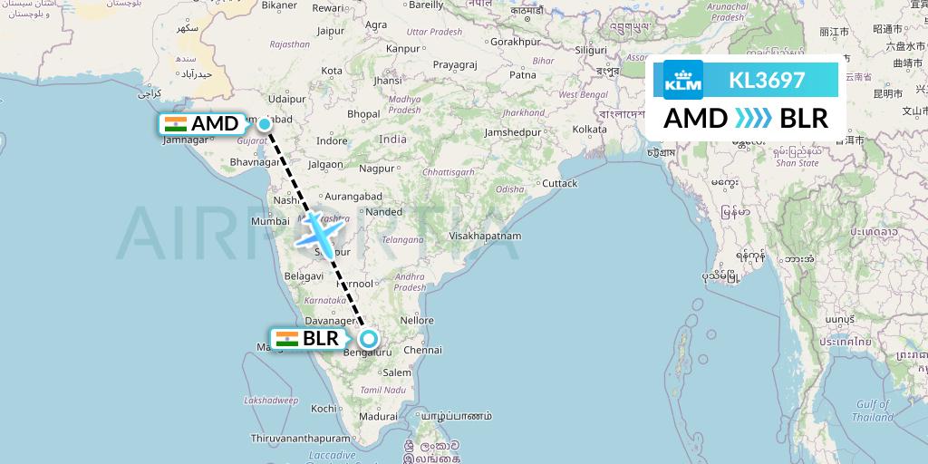KL3697 KLM Flight Map: Ahmedabad to Bangalore