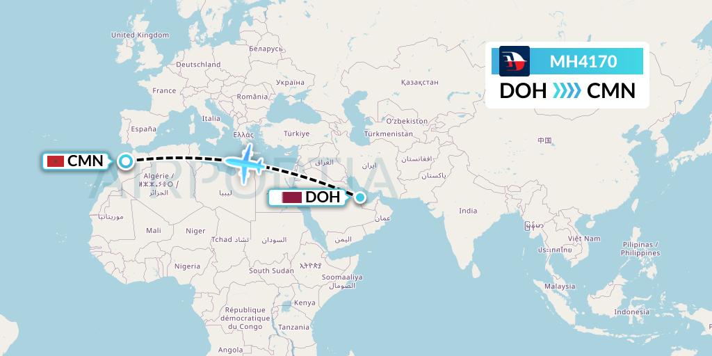 MH4170 Malaysia Airlines Flight Map: Doha to Casablanca