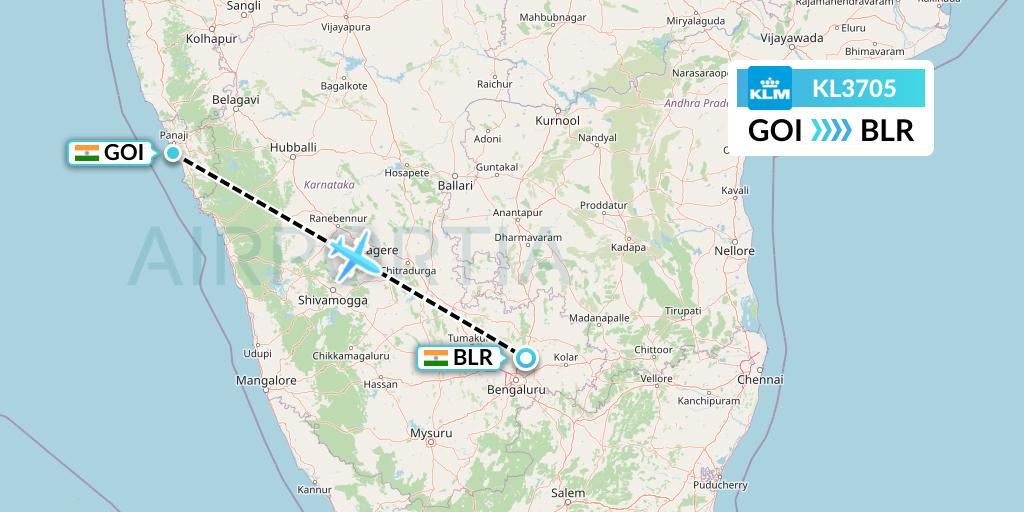 KL3705 KLM Flight Map: Goa to Bangalore