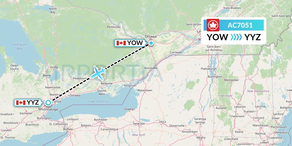 AC7051 Air Canada Flight Map: Ottawa to Toronto