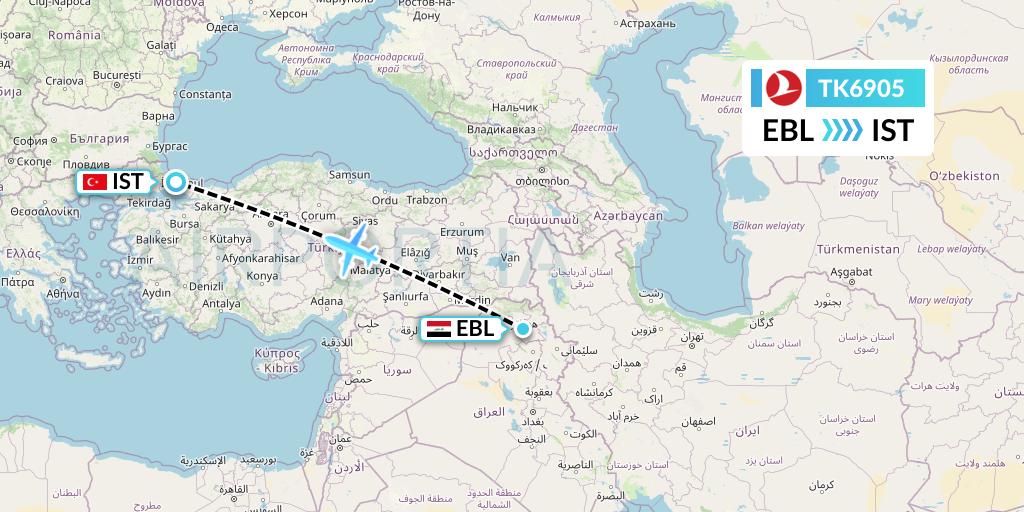 TK6905 Turkish Airlines Flight Map: Arbil to Istanbul