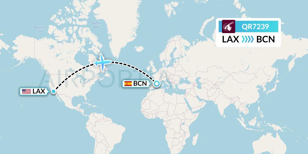 QR7239 Qatar Airways Flight Map: Los Angeles to Barcelona