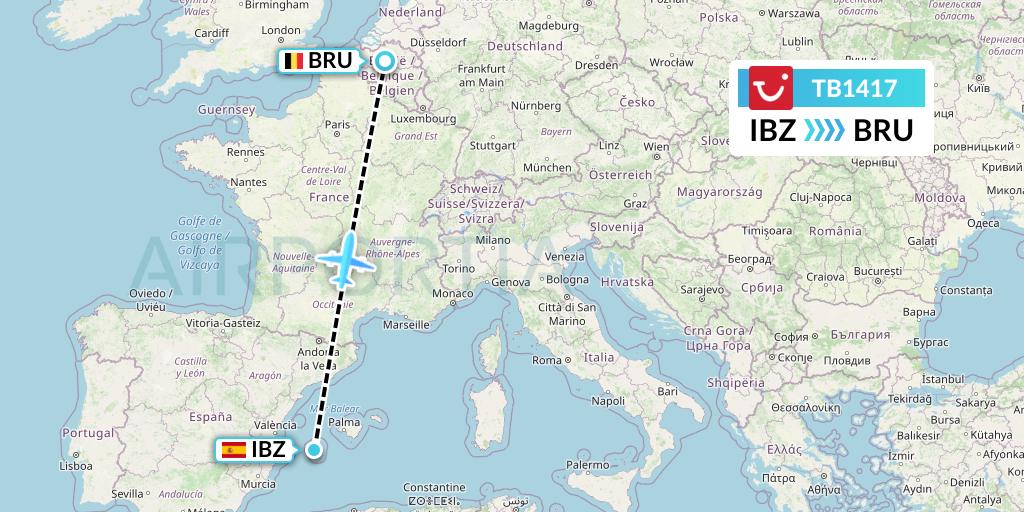 TB1417 TUI fly Belgium Flight Map: Ibiza to Brussels