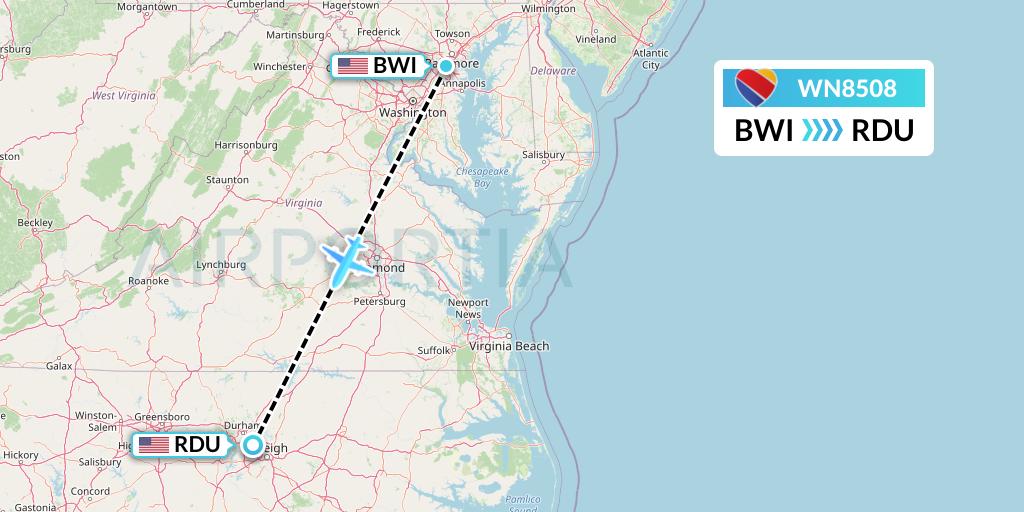 WN8508 Southwest Airlines Flight Map: Baltimore to Raleigh-Durham