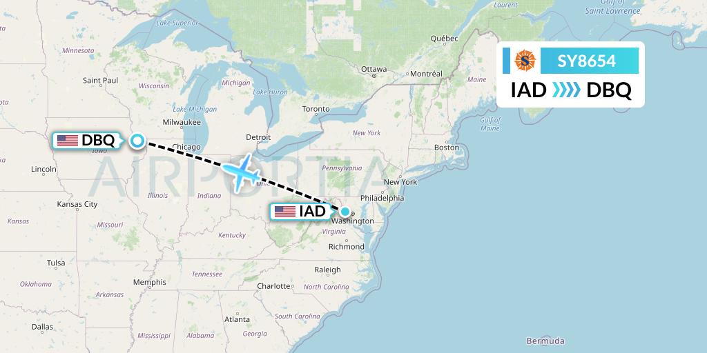 SY8654 Sun Country Airlines Flight Map: Washington to Dubuque