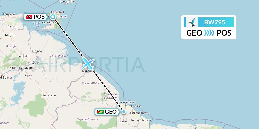 BW795 Caribbean Airlines Flight Map: Georgetown to Port of Spain