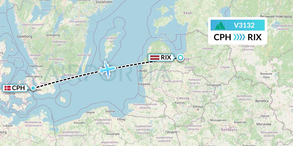 V3132 Carpatair Flight Map: Copenhagen to Riga