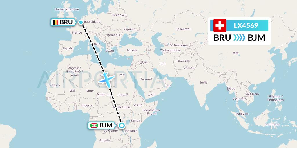 LX4569 Swiss Flight Map: Brussels to Bujumbura