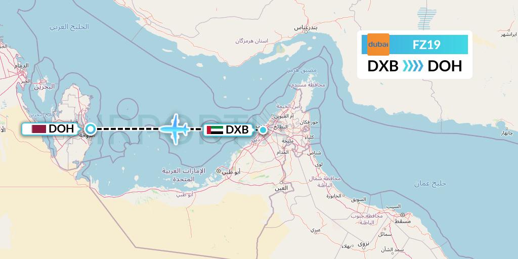 FZ19 FlyDubai Flight Map: Dubai to Doha