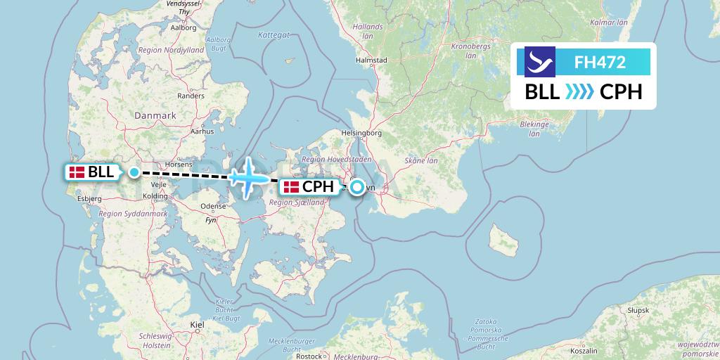 FH472 Freebird Airlines Flight Map: Billund to Copenhagen