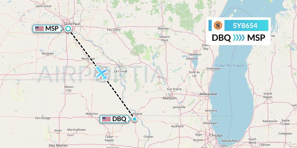 SY8654 Sun Country Airlines Flight Map: Dubuque to Minneapolis