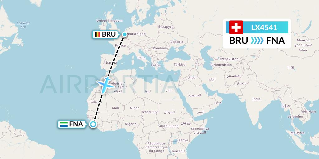LX4541 Swiss Flight Map: Brussels to Freetown