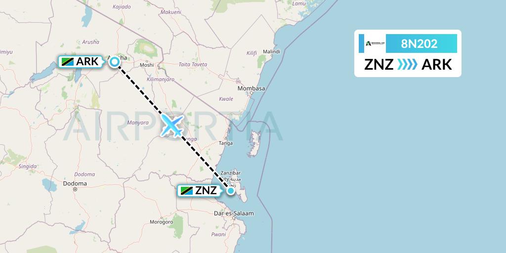 8N202 Regional Air Services Flight Map: Zanzibar to Arusha