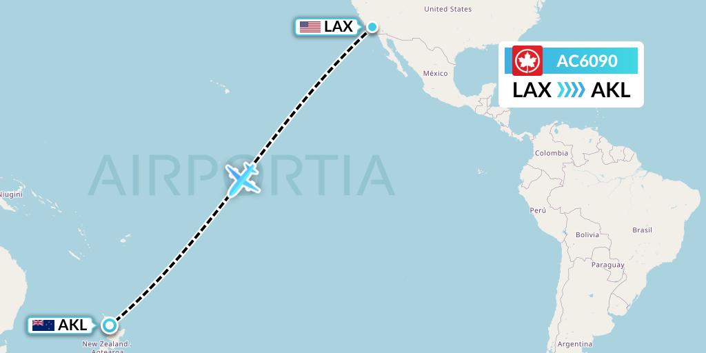 AC6090 Air Canada Flight Map: Los Angeles to Auckland