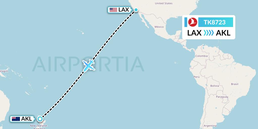 TK8723 Turkish Airlines Flight Map: Los Angeles to Auckland