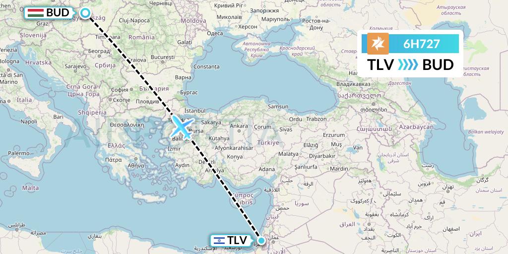 6H727 Israir Airlines Flight Map: Tel Aviv to Budapest