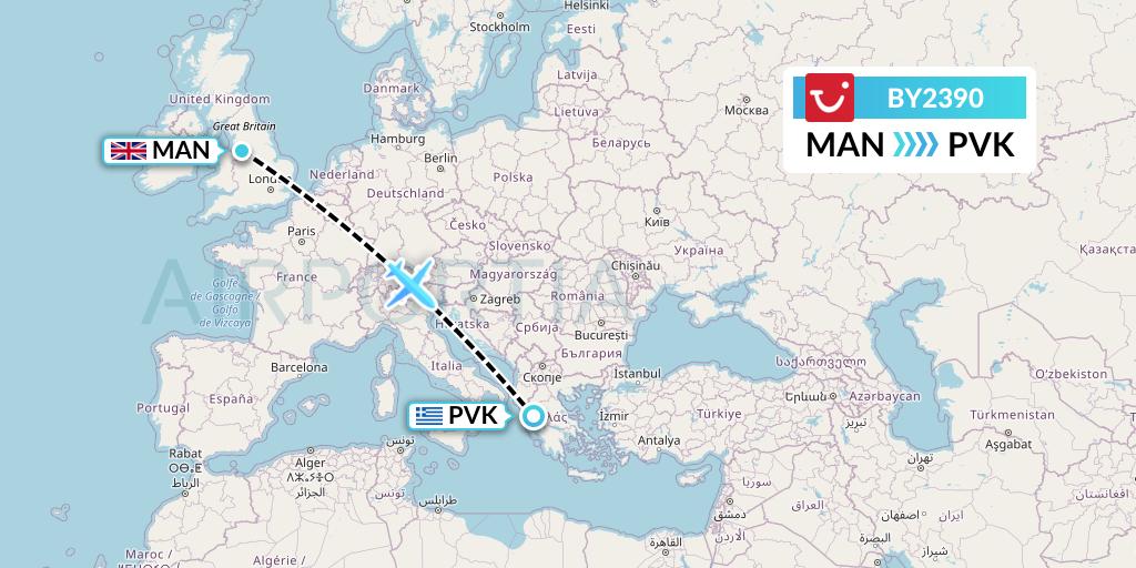 BY2390 TUI Airways Flight Map: Manchester to Preveza