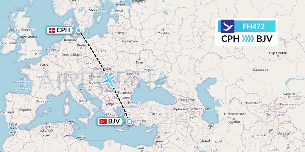 FH472 Freebird Airlines Flight Map: Copenhagen to Bodrum