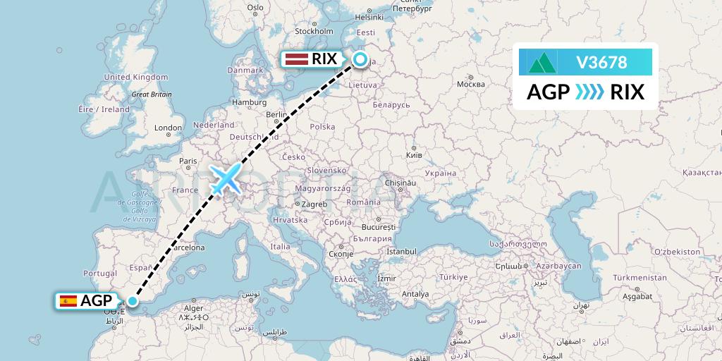 V3678 Carpatair Flight Map: Malaga to Riga