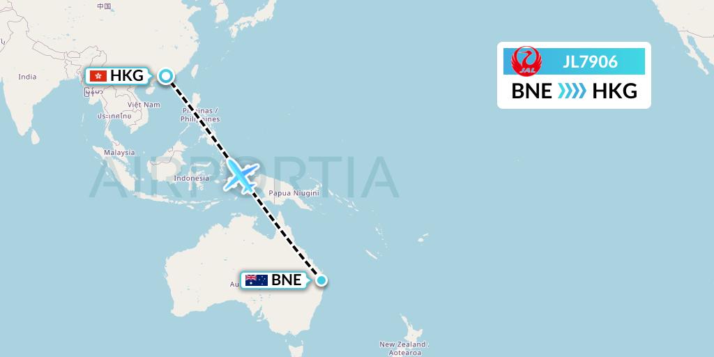 JL7906 Japan Airlines Flight Map: Brisbane to Hong Kong