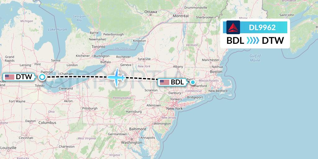 DL9962 Delta Air Lines Flight Map: Windsor Locks to Detroit
