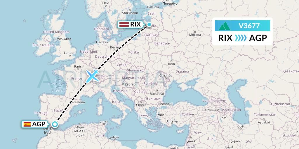 V3677 Carpatair Flight Map: Riga to Malaga