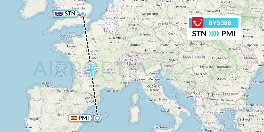 BY5388 TUI Airways Flight Map: London to Palma de Mallorca