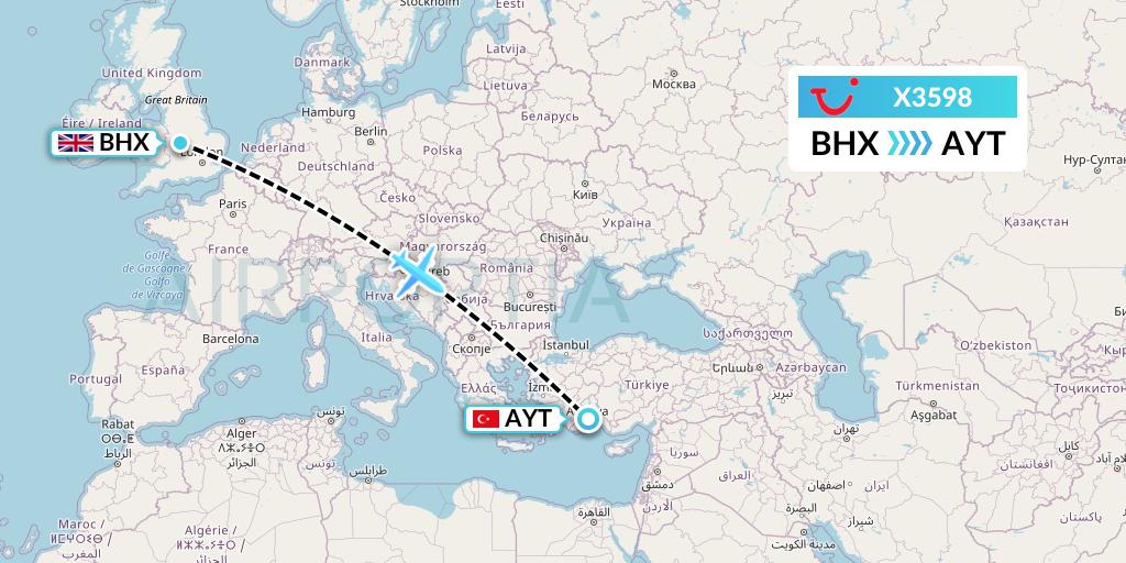 X3598 TUI fly Germany Flight Map: Birmingham to Antalya