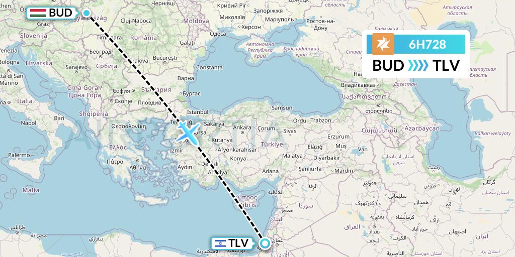 6H728 Israir Airlines Flight Map: Budapest to Tel Aviv