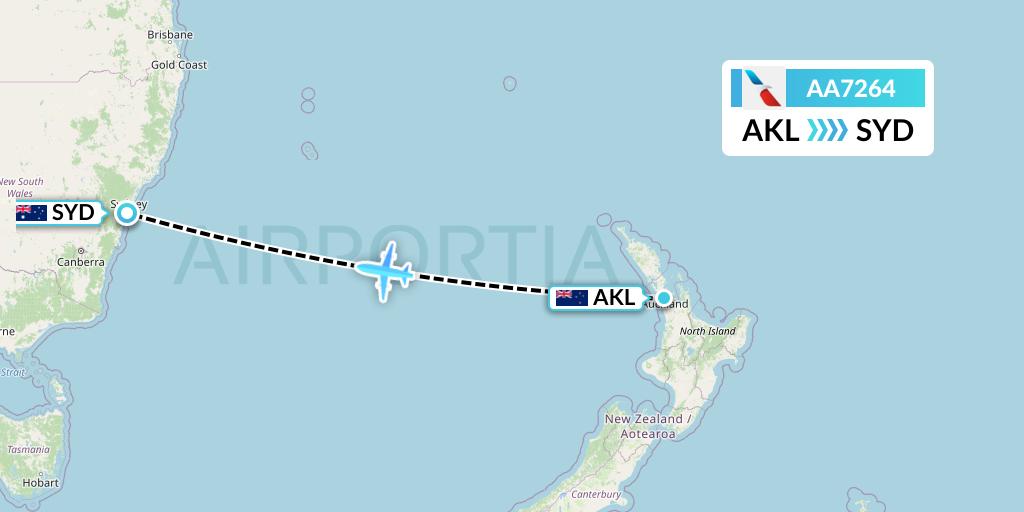 AA7264 American Airlines Flight Map: Auckland to Sydney