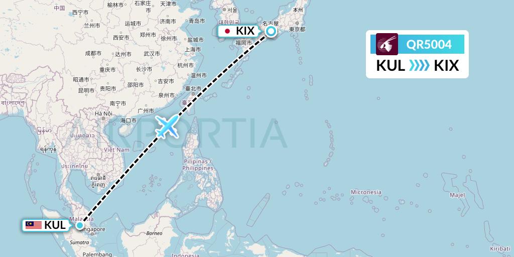 QR5004 Qatar Airways Flight Map: Kuala Lumpur to Osaka