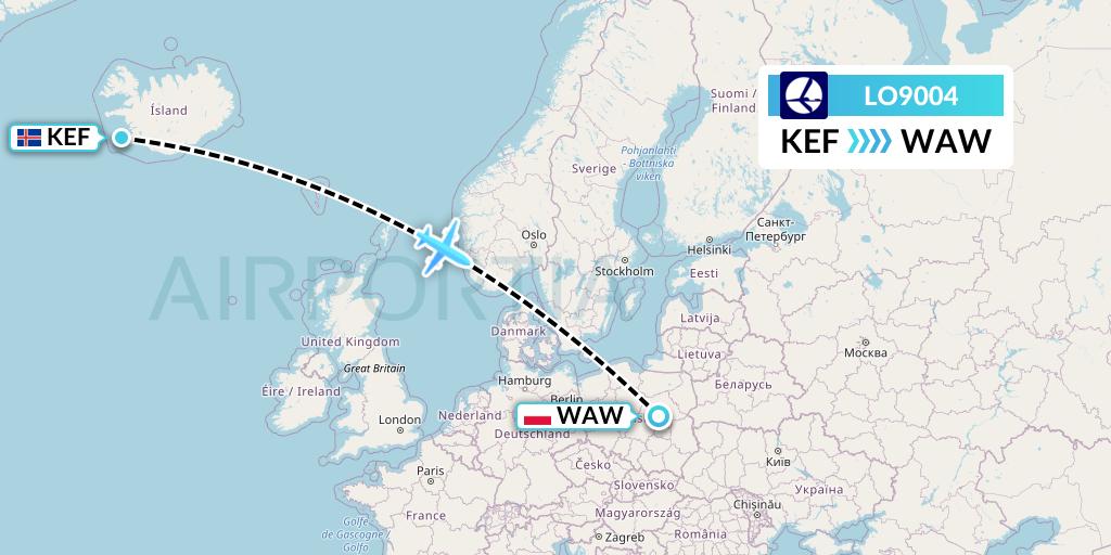 LO9004 LOT Flight Map: Reykjavik to Warsaw