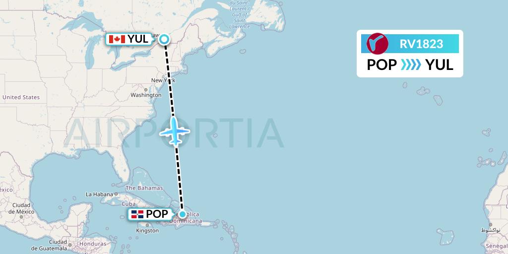 RV1823 Air Canada Rouge Flight Map: Puerto Plata to Montreal