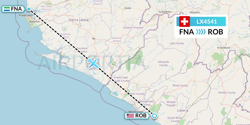 LX4541 Swiss Flight Map: Freetown to Monrovia