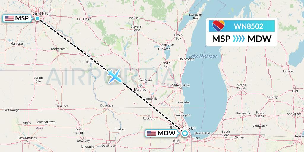 WN8502 Southwest Airlines Flight Map: Minneapolis to Chicago