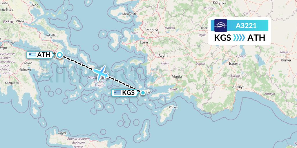 A3221 Aegean Airlines Flight Map: Kos to Athens