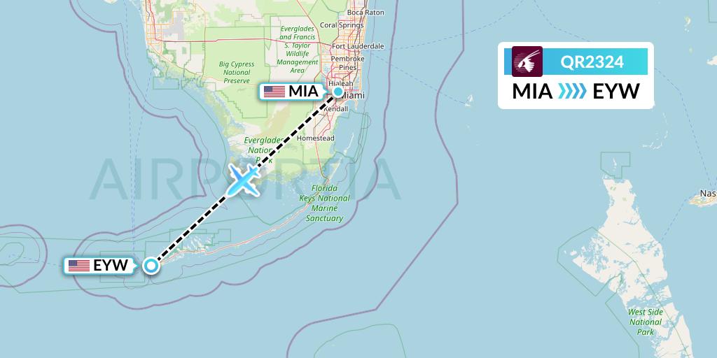 QR2324 Qatar Airways Flight Map: Miami to Key West