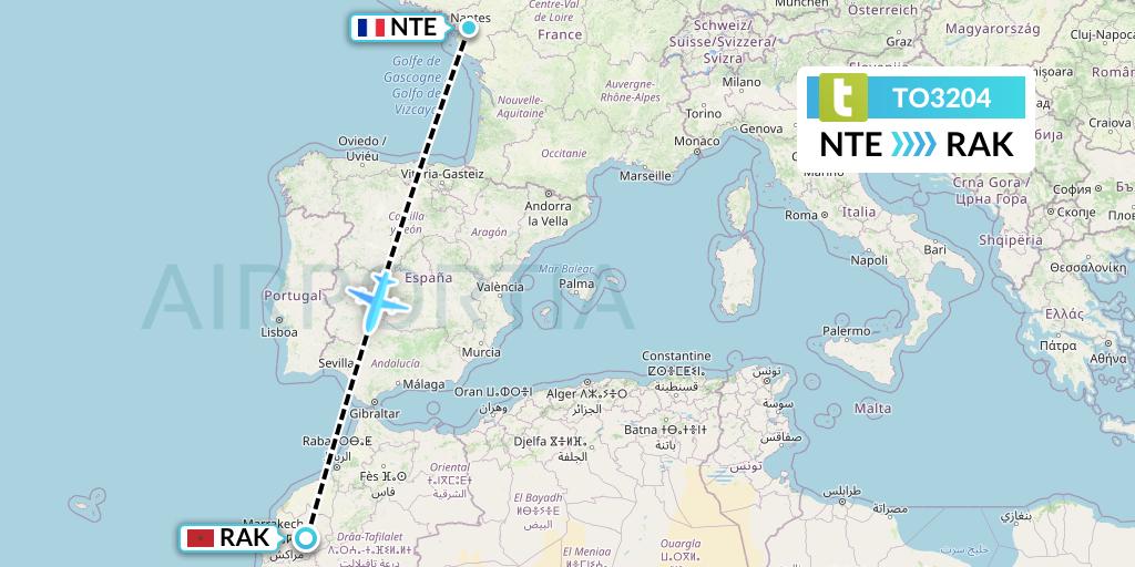 TO3204 Transavia France Flight Map: Nantes to Marrakesh