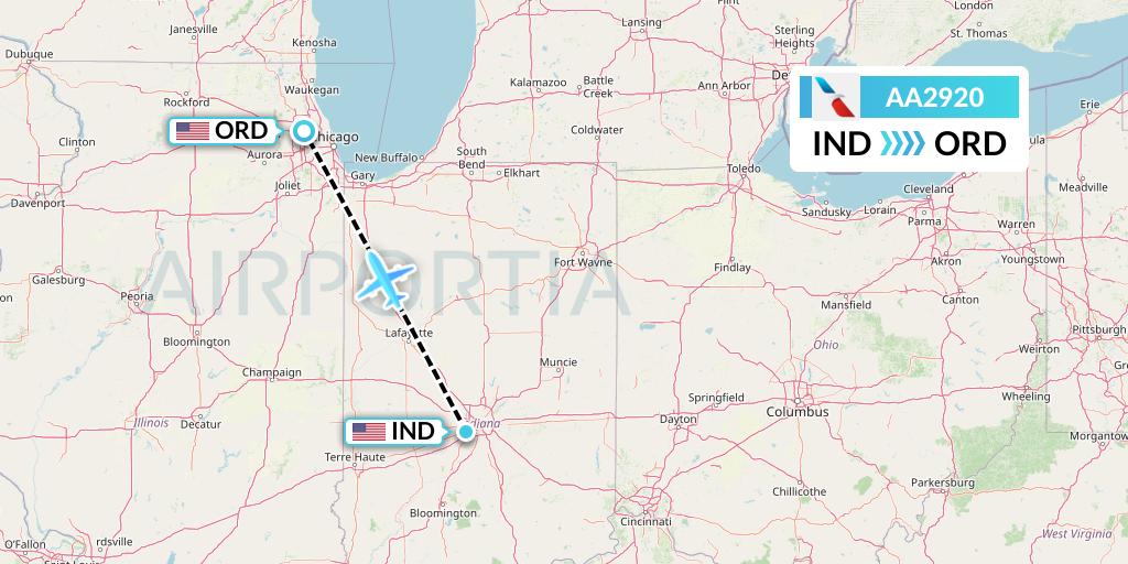 AA2920 American Airlines Flight Map: Indianapolis to Chicago