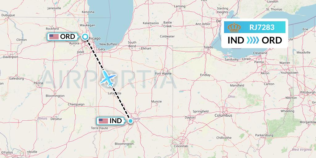 RJ7283 Royal Jordanian Flight Map: Indianapolis to Chicago