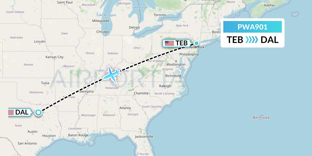 PWA901 Priester Aviation Flight Map: Teterboro to Dallas