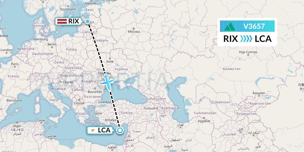 V3657 Carpatair Flight Map: Riga to Larnaca