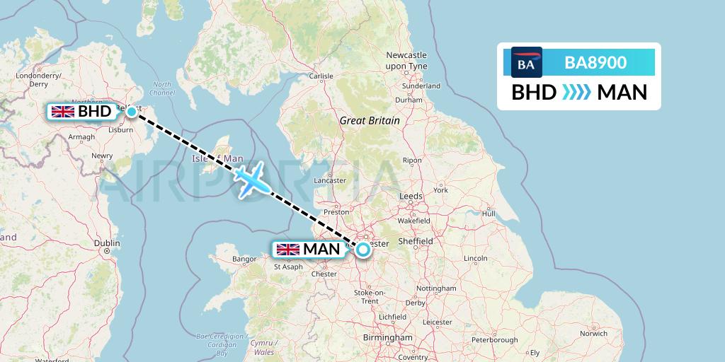 BA8900 British Airways Flight Map: Belfast to Manchester