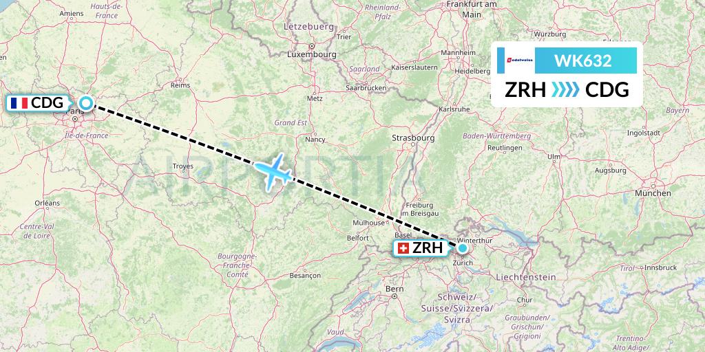 WK632 Edelweiss Air Flight Map: Zurich to Paris